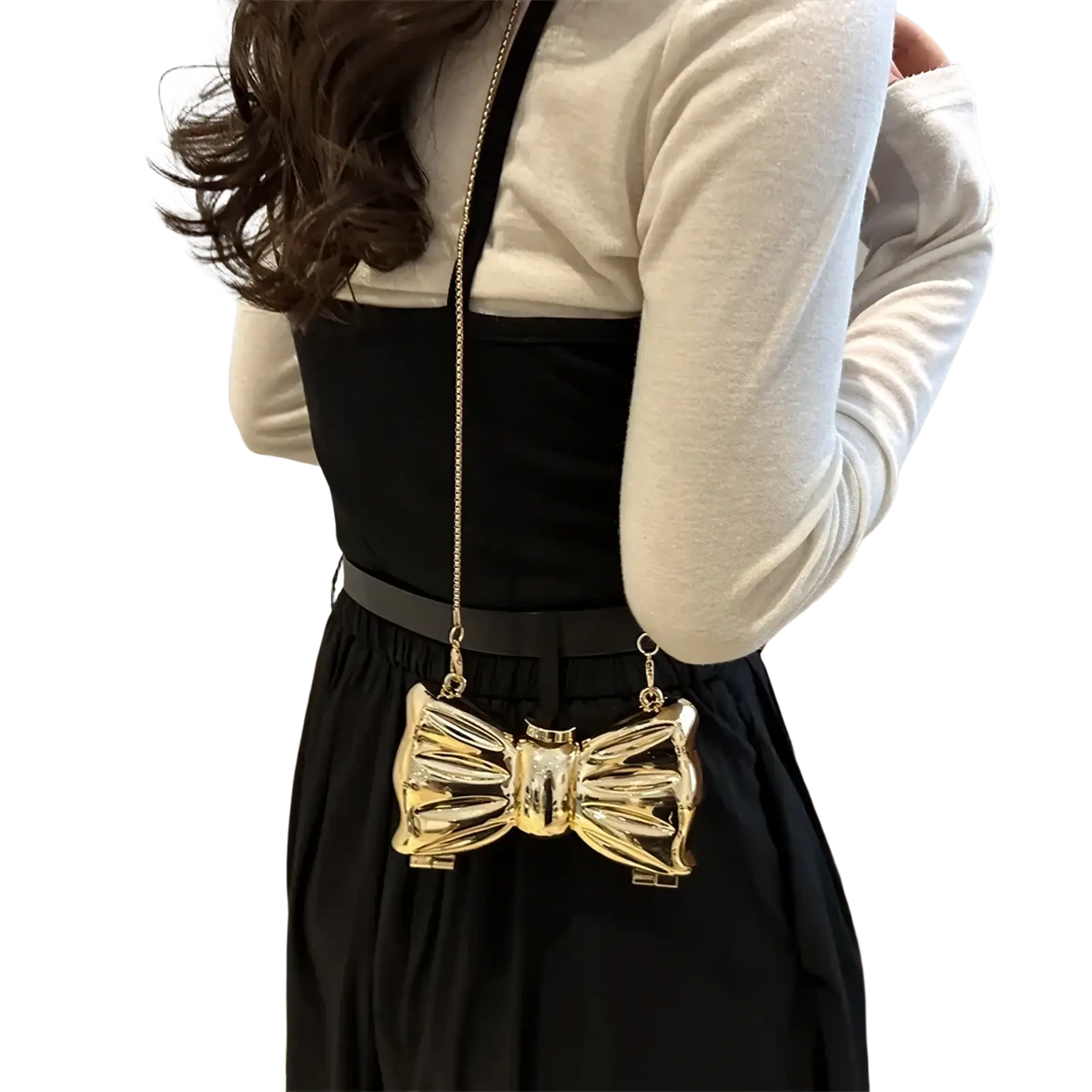 Gold metallic bow-shaped clutch crossbody bag with chain strap for elegant evening use