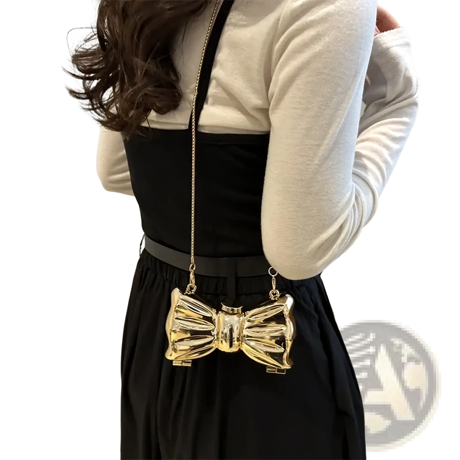 Gold metallic bow-shaped clutch crossbody bag with chain strap for elegant evening use