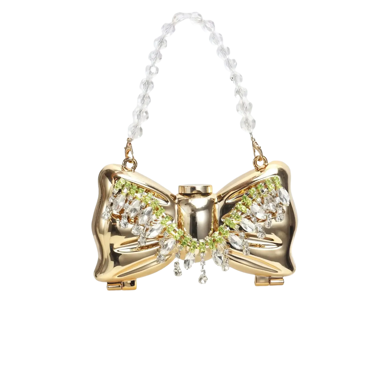 Gold bow metal clutch crossbody bag adorned with sparkling clear and green crystals along its curves