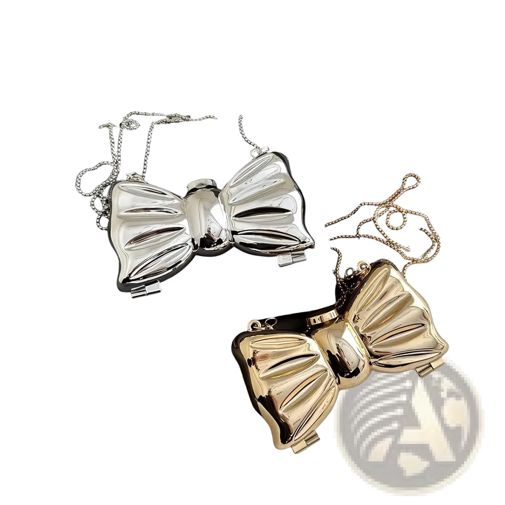 Gold bow metal clutch crossbody bags in shiny silver and gold finishes with chain straps for elegant occasions
