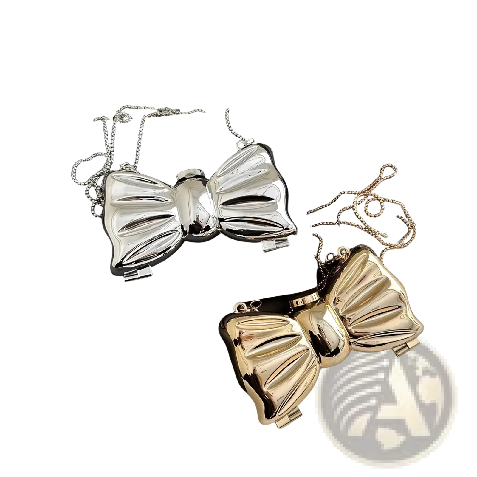 Gold bow metal clutch crossbody bags in shiny silver and gold finishes with chain straps for elegant occasions