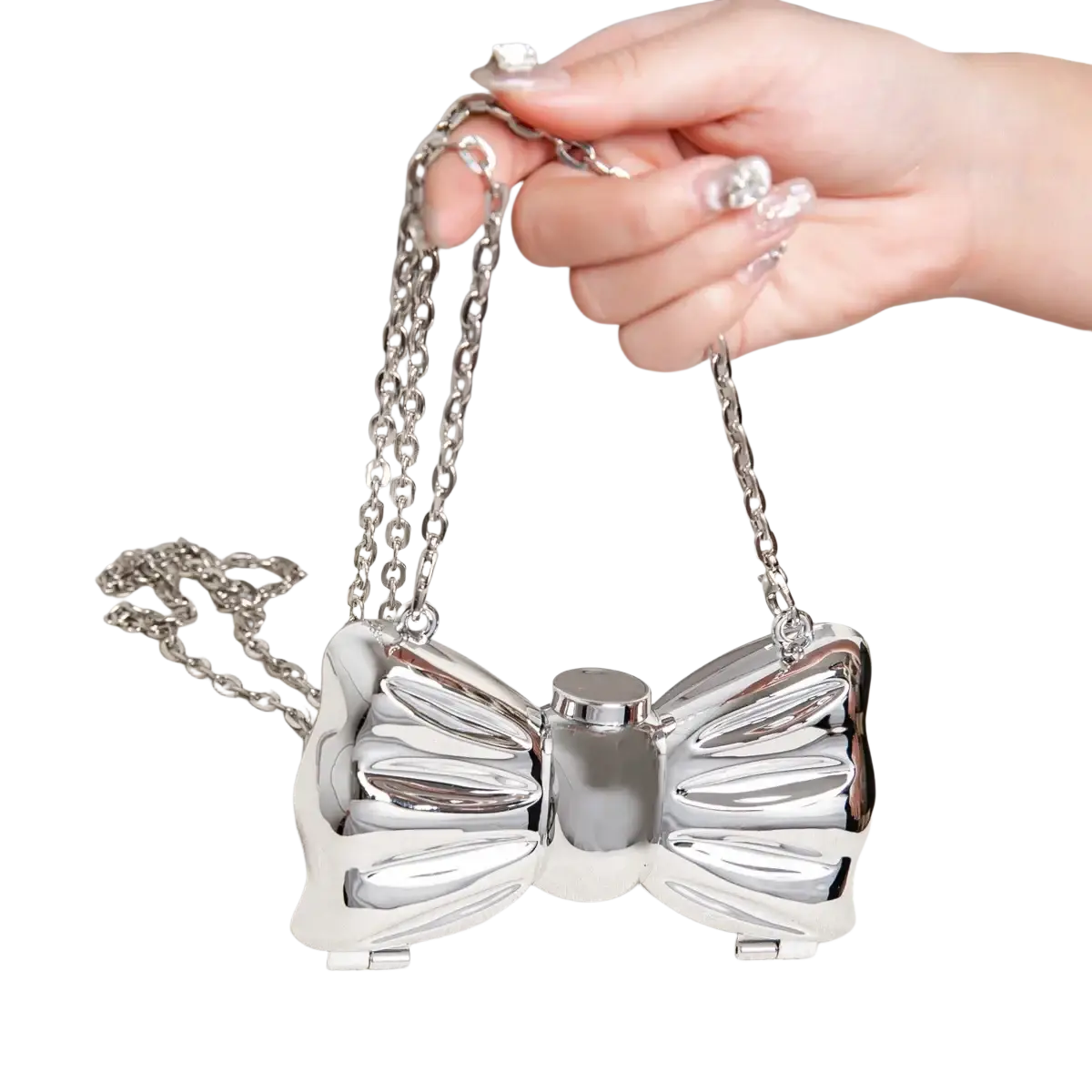 Shiny silver metallic bow-shaped clutch with chain strap for elegant crossbody use in formal occasions