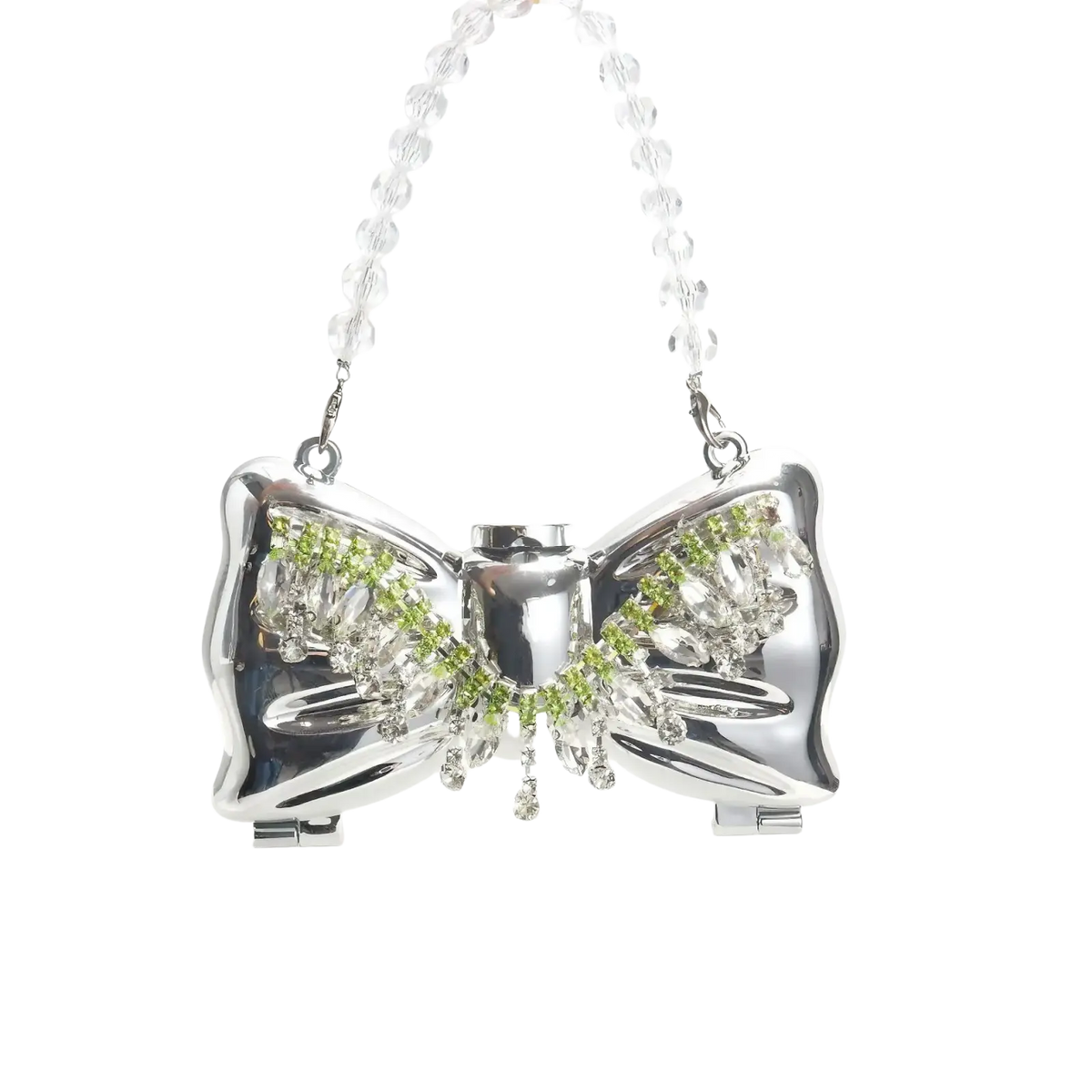 Gold bow metal clutch crossbody bag in shiny silver with green and clear crystal accents and a beaded chain strap