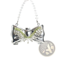 Gold bow metal clutch crossbody bag in shiny silver with green and clear crystal accents and a beaded chain strap