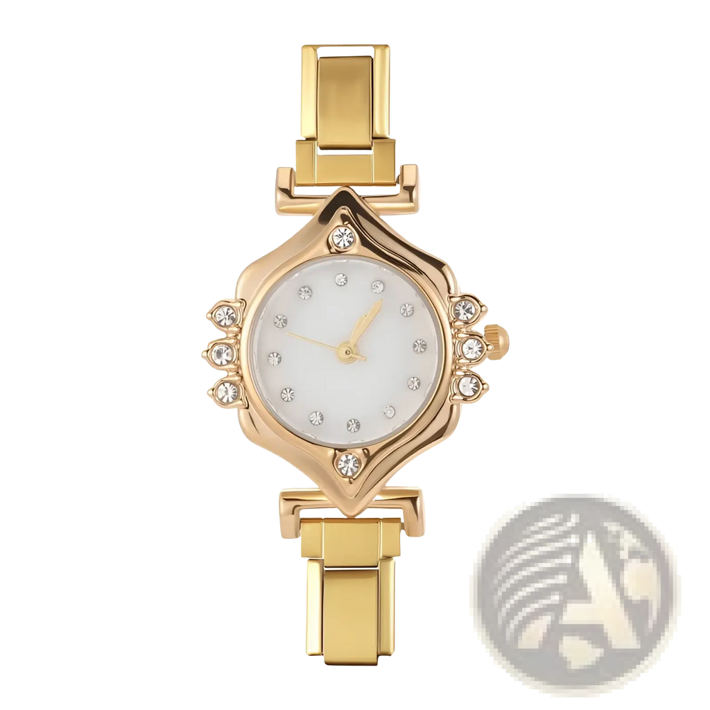 Gold-toned luxury women bracelet watch with diamond-studded octagonal case and elegant white dial