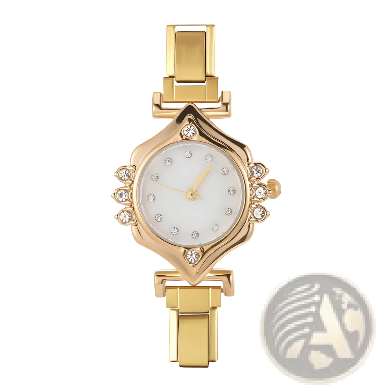Gold-toned luxury women bracelet watch with diamond-studded octagonal case and elegant white dial