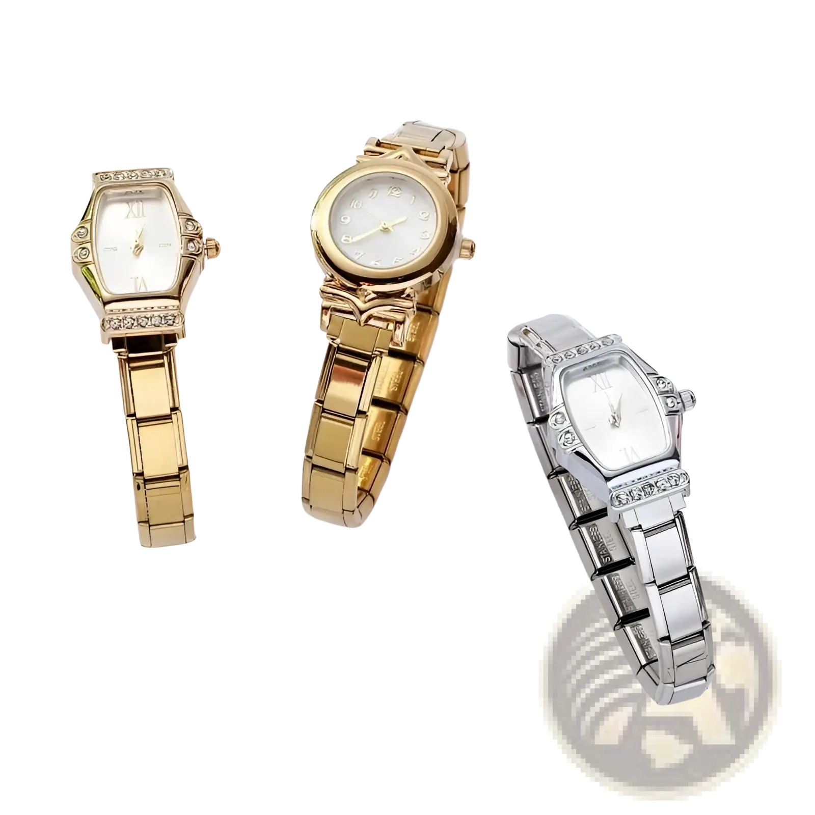 Three elegant gold and silver-toned stainless steel bracelet watches with crystal-encrusted white dial faces for women