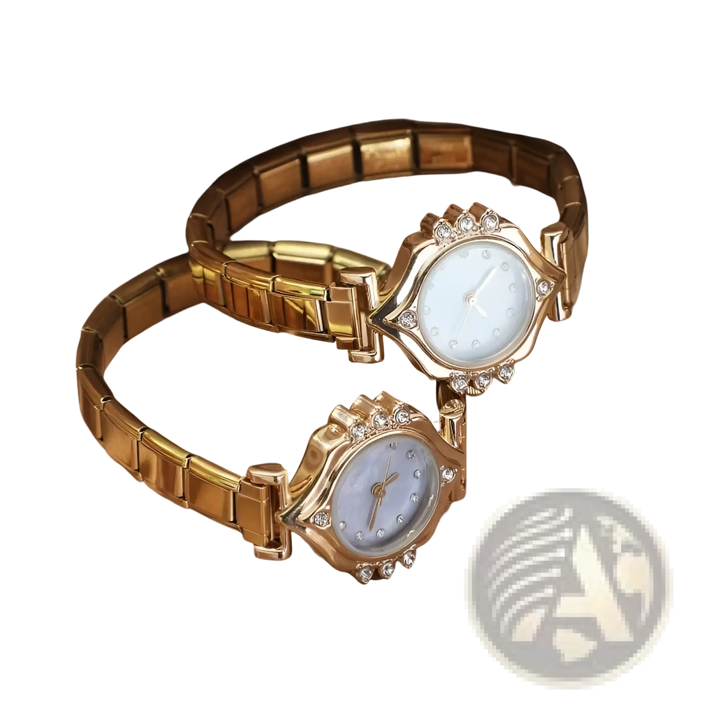 Gold bracelet watch women luxury elegant wristwatch with gold tone diamond-like accents and light blue mother-of-pearl face
