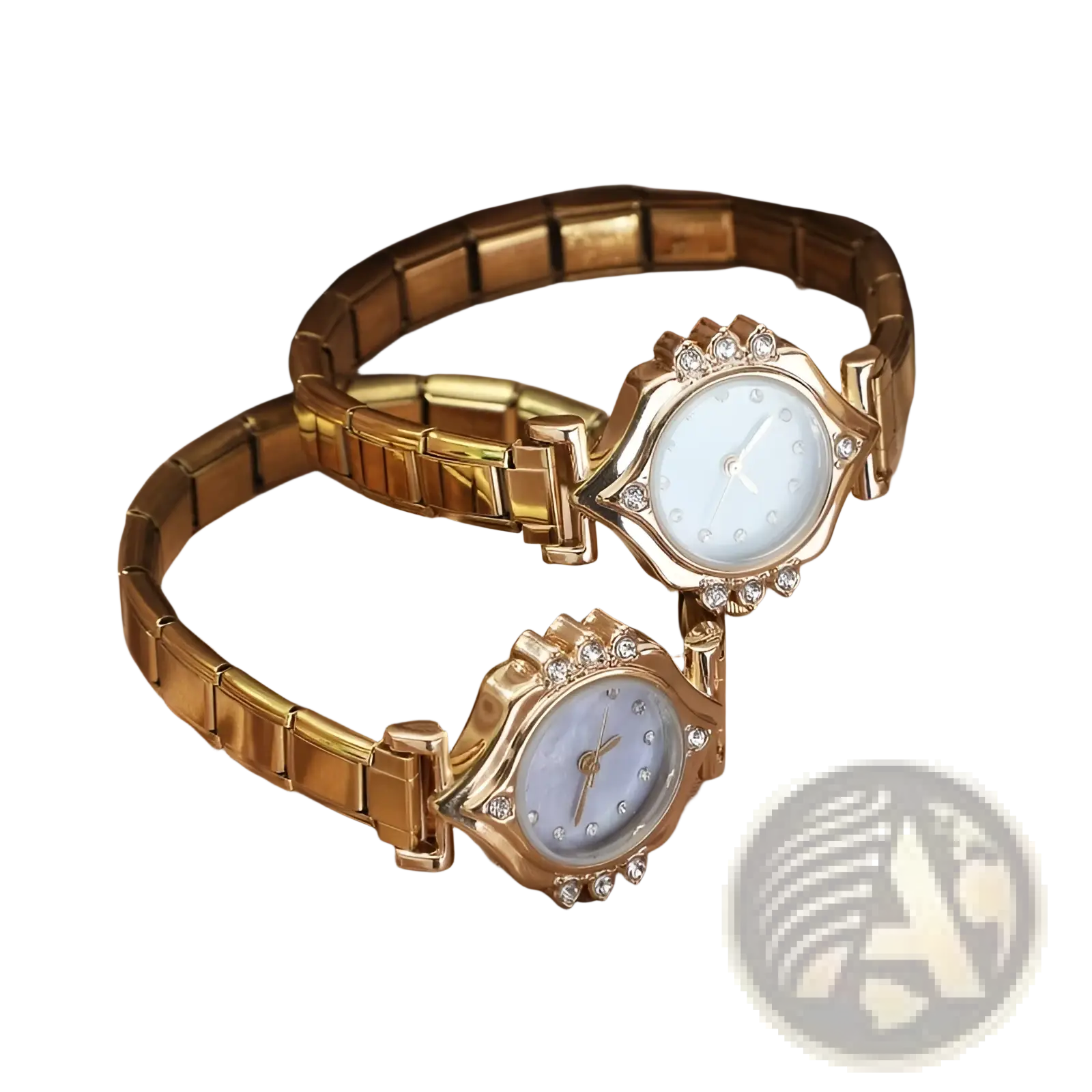 Gold bracelet watch women luxury elegant wristwatch with gold tone diamond-like accents and light blue mother-of-pearl face
