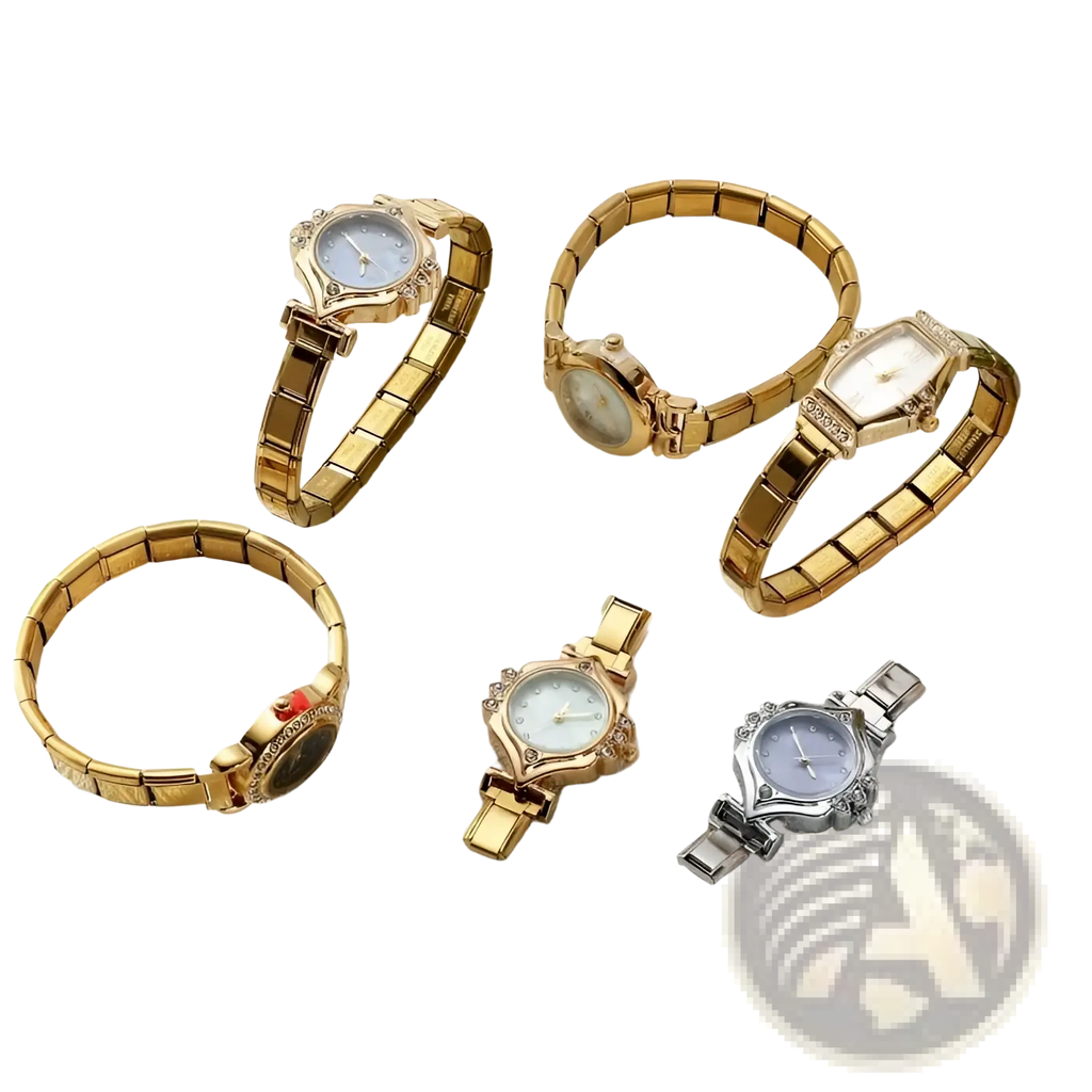 Gold and silver-tone luxury women wristwatches with modular bracelets and crystal-accented round and rectangular faces