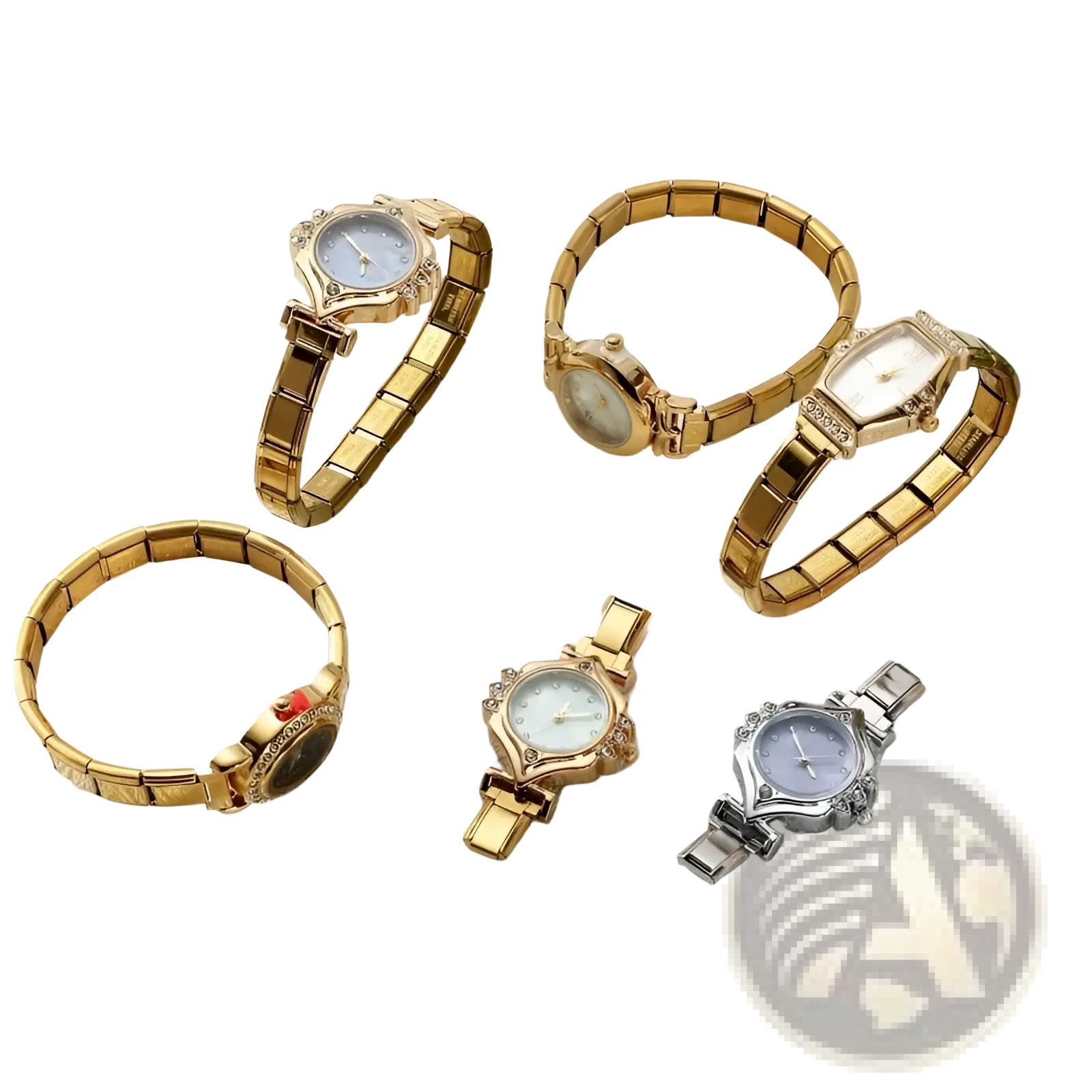 Gold and silver-tone luxury women wristwatches with modular bracelets and crystal-accented round and rectangular faces