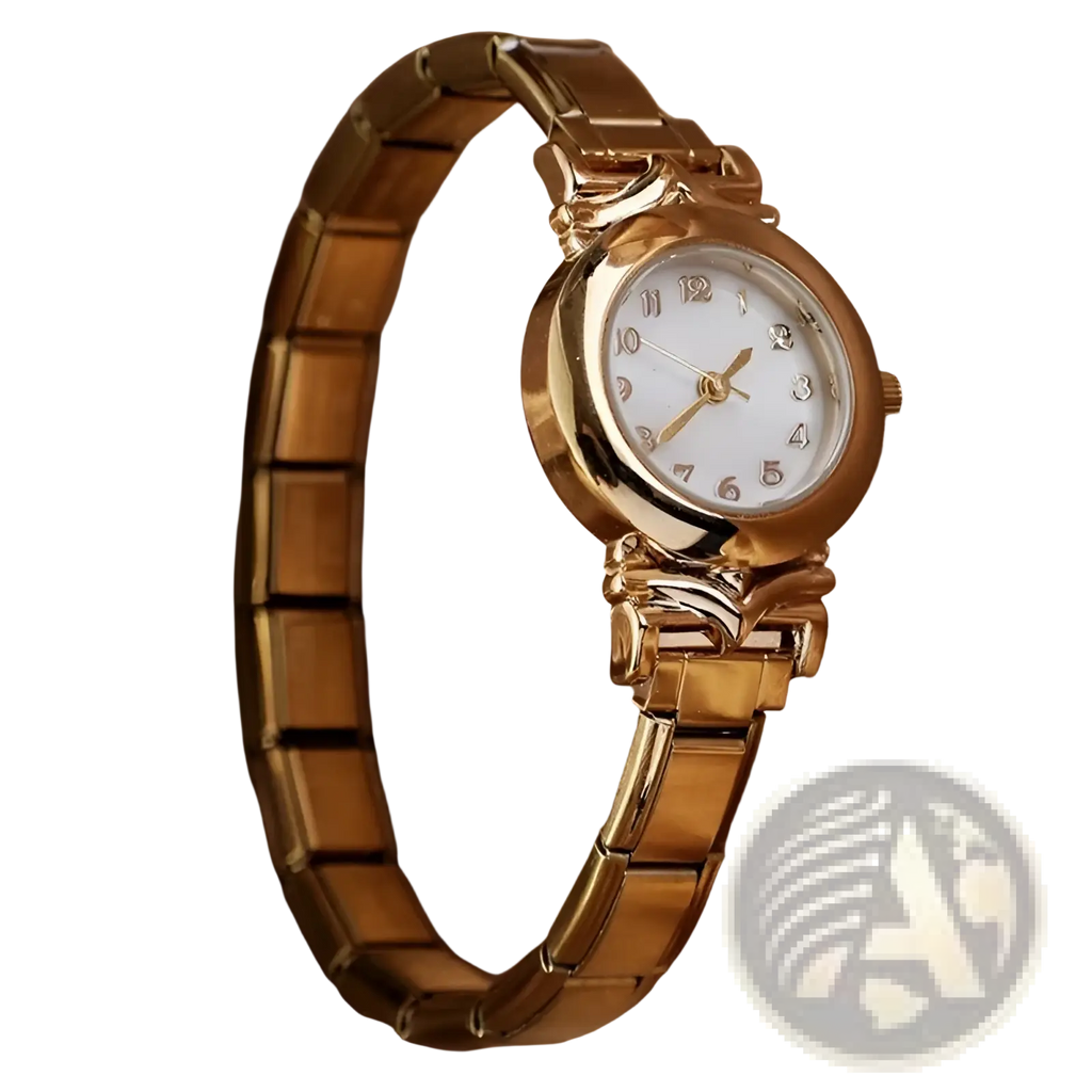 Gold bracelet watch for women featuring a gold-toned flexible link bracelet and a white dial with gold-tone hands