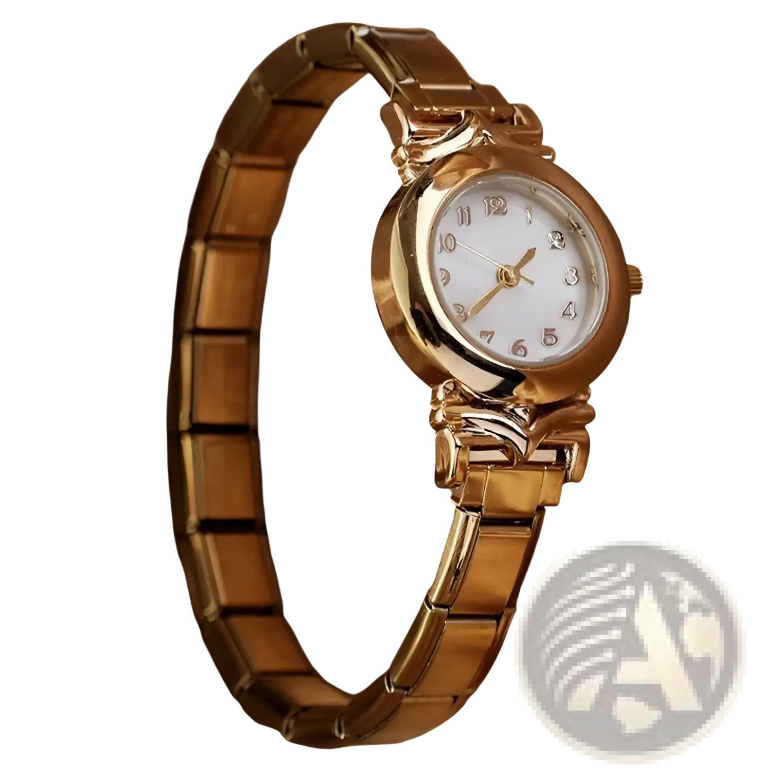 Gold bracelet watch for women featuring a gold-toned flexible link bracelet and a white dial with gold-tone hands