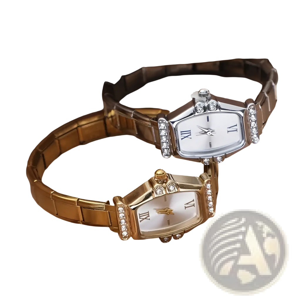 Two elegant rectangular wristwatches with diamond bezels gold and silver-tone metal link bracelets luxury women’s watches