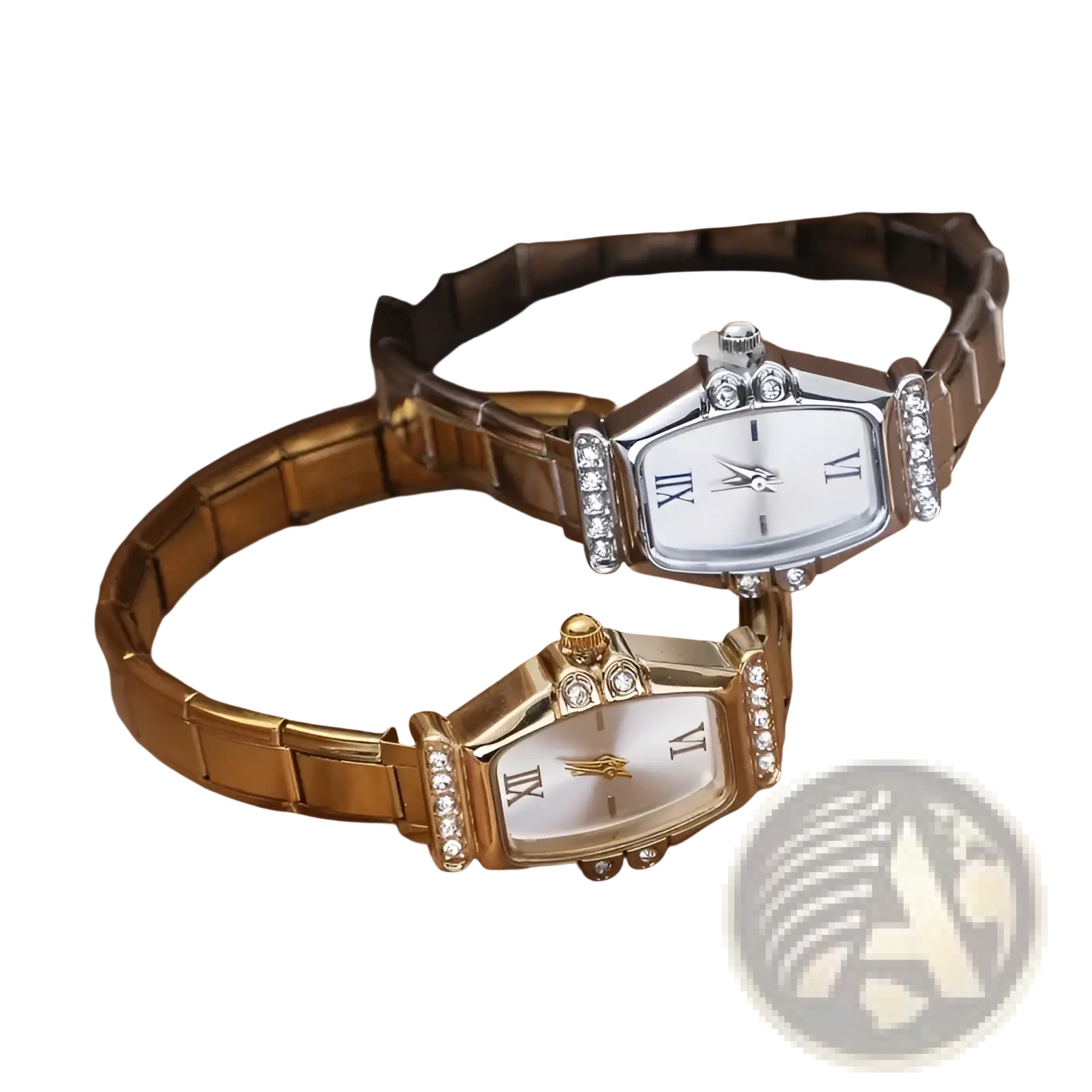 Two elegant rectangular wristwatches with diamond bezels gold and silver-tone metal link bracelets luxury women’s watches
