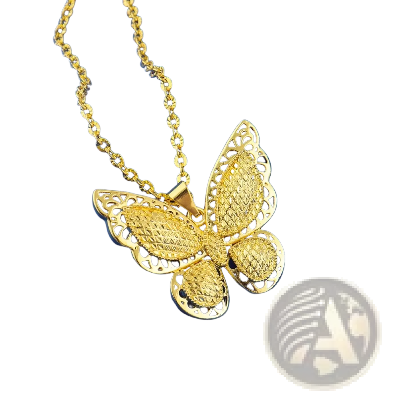 Gold butterfly jewelry set 4-piece gold plated necklace with intricate lace-like wings and textured diamond-cut pattern