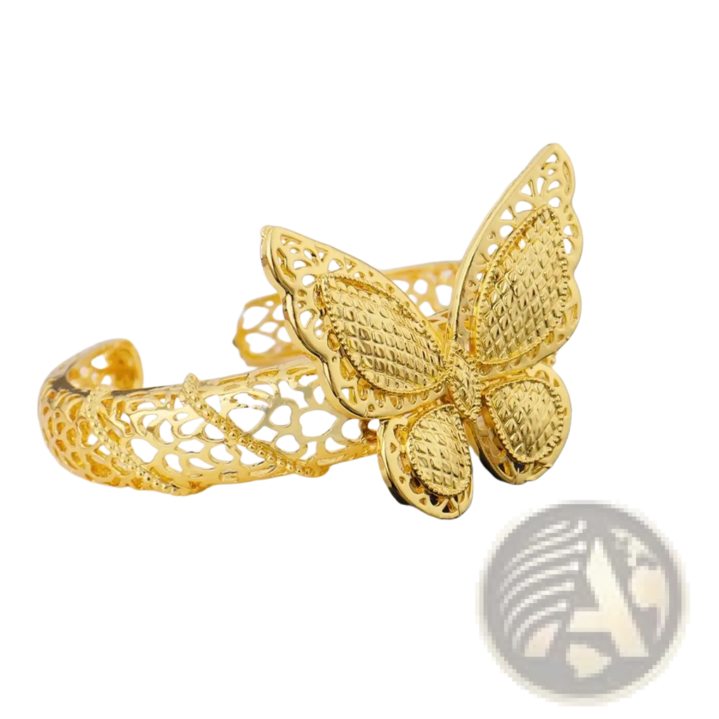 Gold butterfly-shaped open cuff bracelet with intricate filigree detailing and textured wings gold plated jewelry set