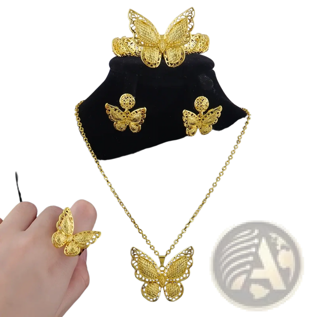 Gold butterfly jewelry set 4-piece gold plated with intricate filigree detailing on necklace earrings ring and headpiece