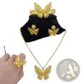 Gold butterfly jewelry set 4-piece gold plated with intricate filigree detailing on necklace earrings ring and headpiece