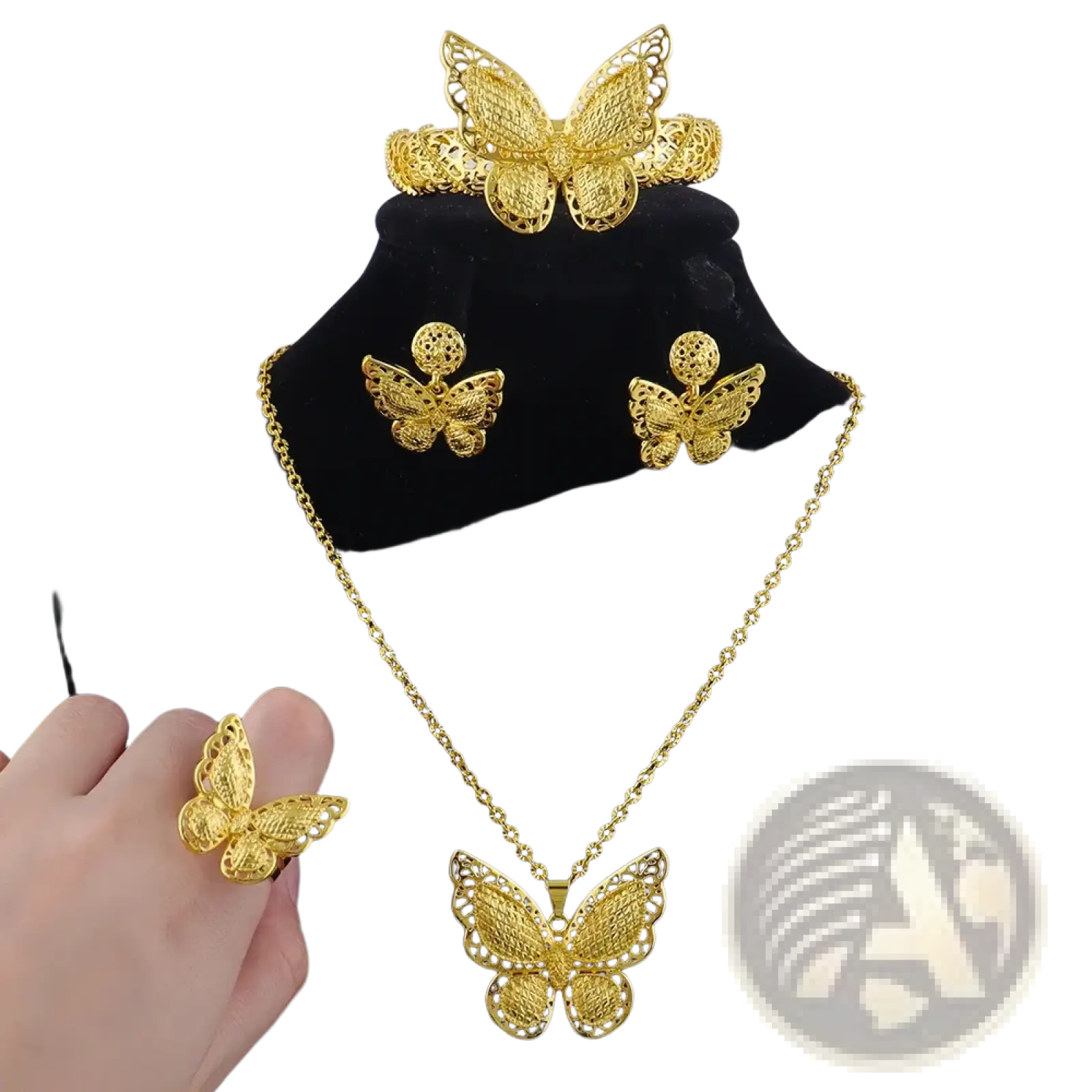 Gold butterfly jewelry set 4-piece gold plated with intricate filigree detailing on necklace earrings ring and headpiece