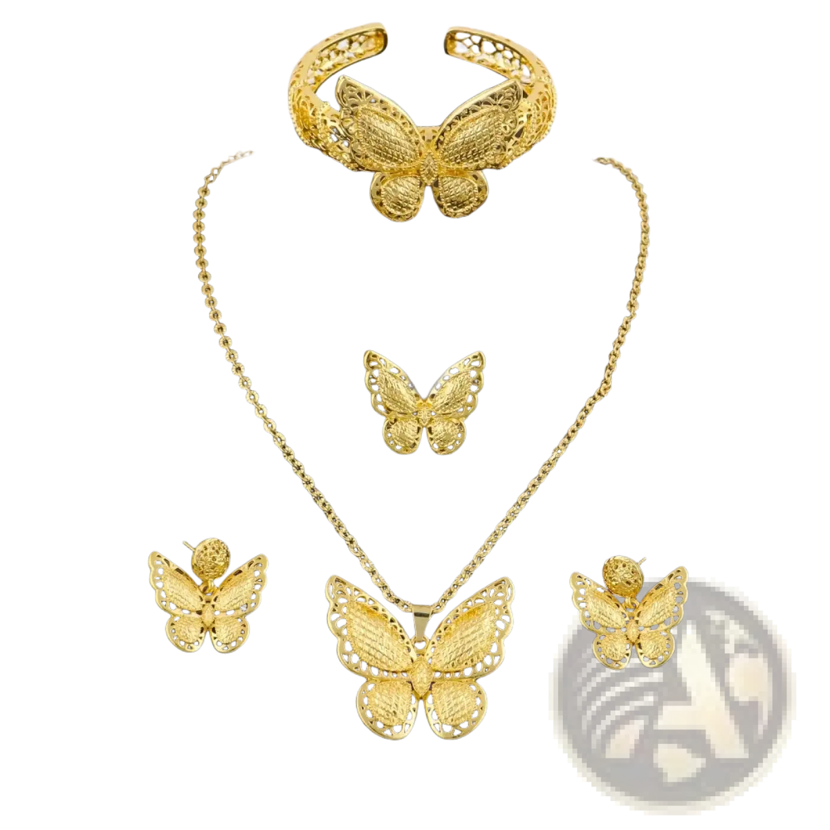 Gold butterfly jewelry set 4-piece gold plated with intricate filigree detailing on each piece