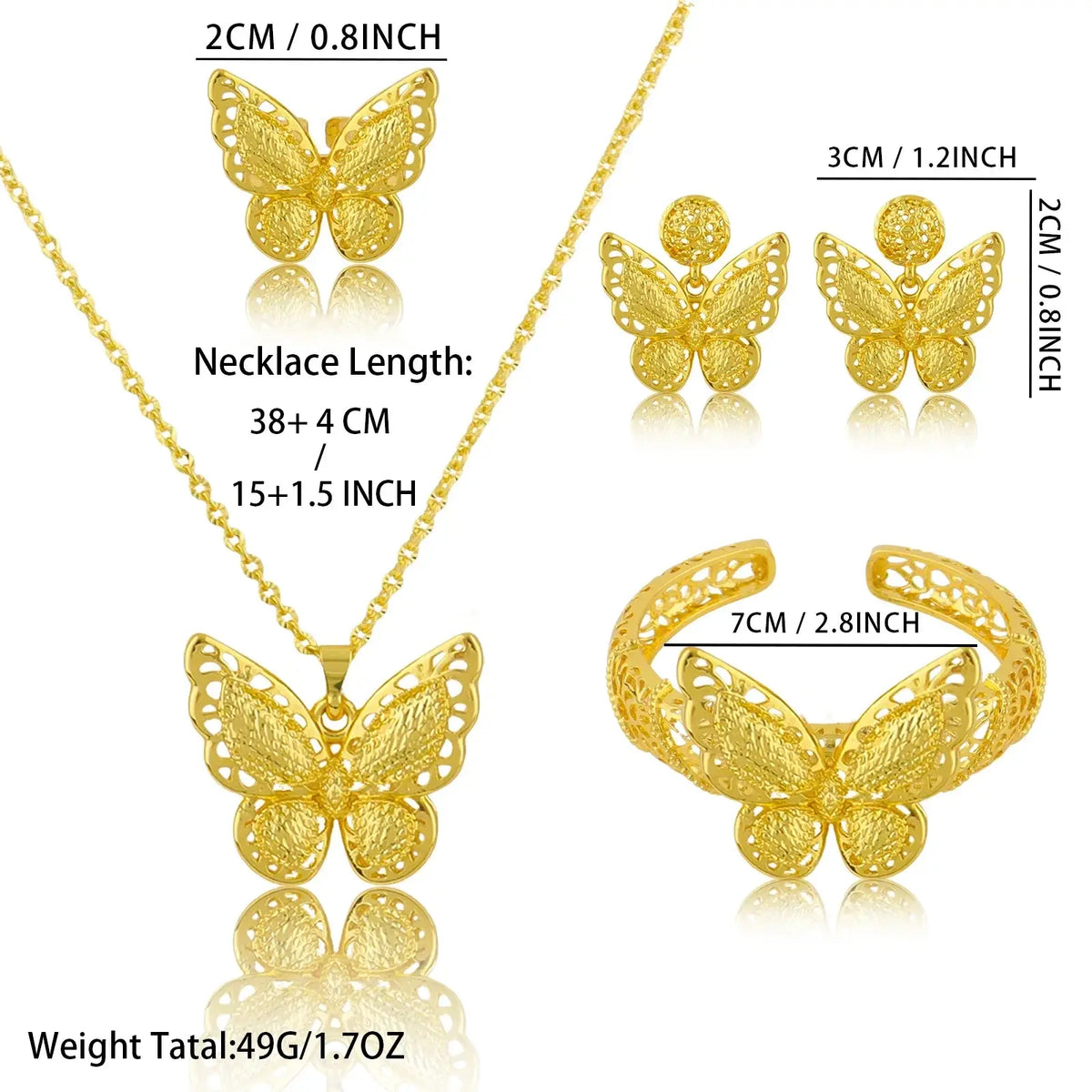 Gold butterfly jewelry set 4-piece gold plated with intricate filigree necklace pendant matching textured earrings and bracelet