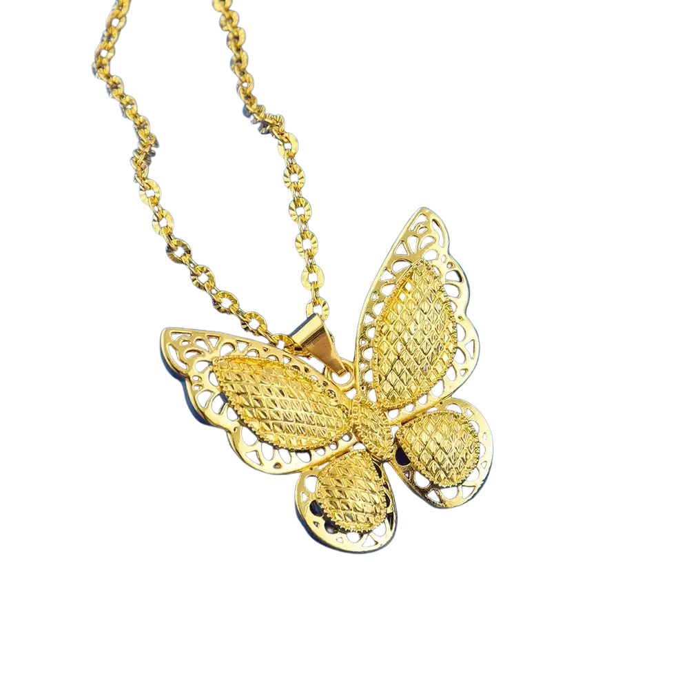 Gold butterfly jewelry set 4-piece gold plated necklace with intricate lace-like wings and textured diamond-cut pattern