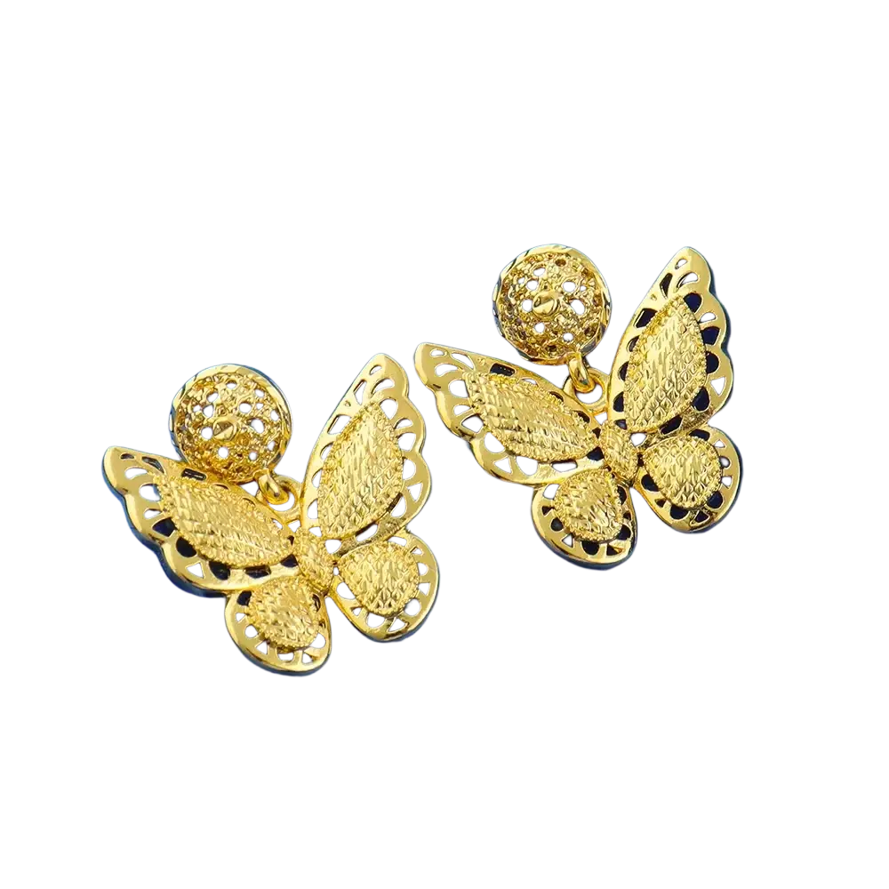 Gold butterfly jewelry set gold plated butterfly-shaped earrings with intricate filigree and textured wings with spheres