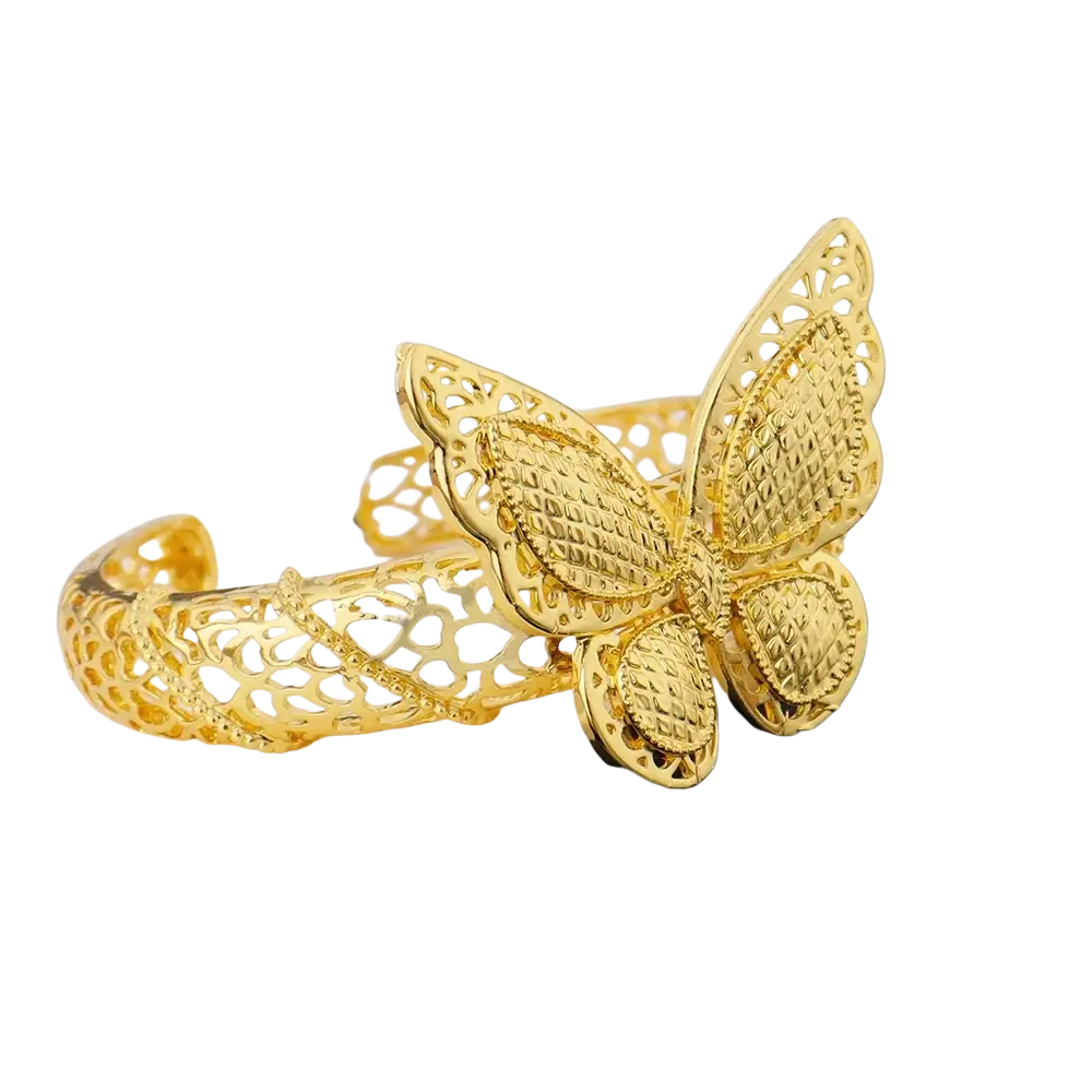 Gold butterfly-shaped open cuff bracelet with intricate filigree detailing and textured wings gold plated jewelry set