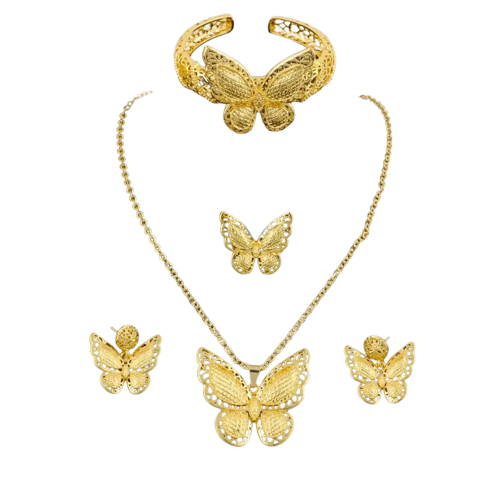 Gold butterfly jewelry set 4-piece gold plated with intricate filigree detailing on each piece