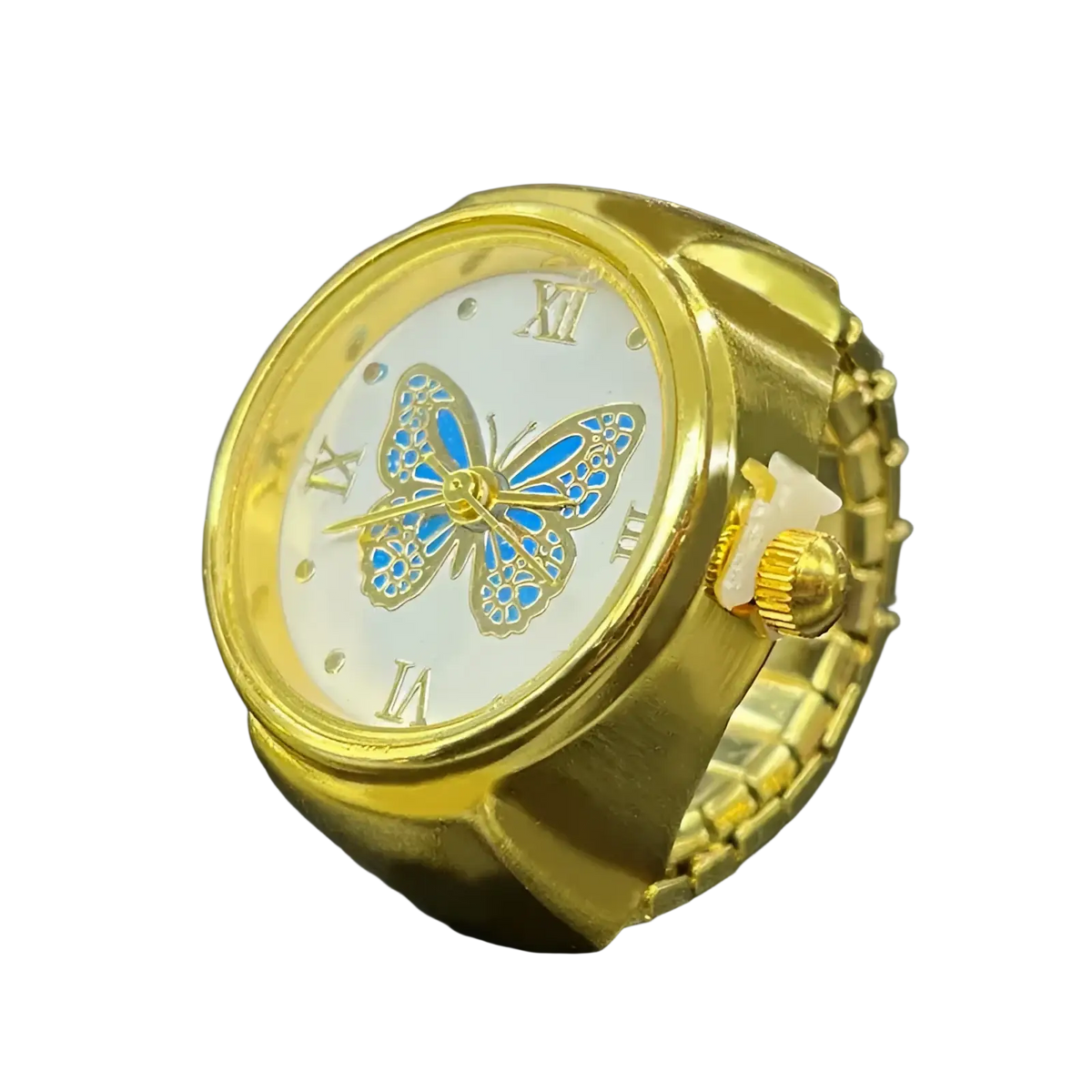 Gold butterfly watch ring made of stainless steel with a gold color, white face, roman numerals, and blue butterfly design