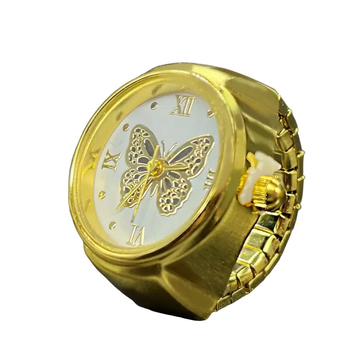 Gold butterfly watch ring stainless steel with gold butterfly design white dial and roman numerals for cute jewelry
