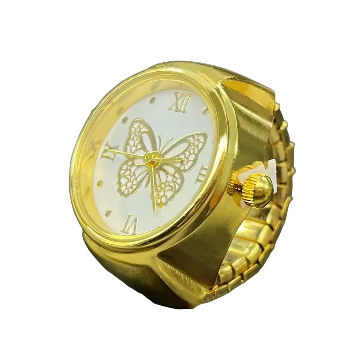 Gold butterfly watch ring made of stainless steel with a gold color, white face, roman numerals, and ornate design
