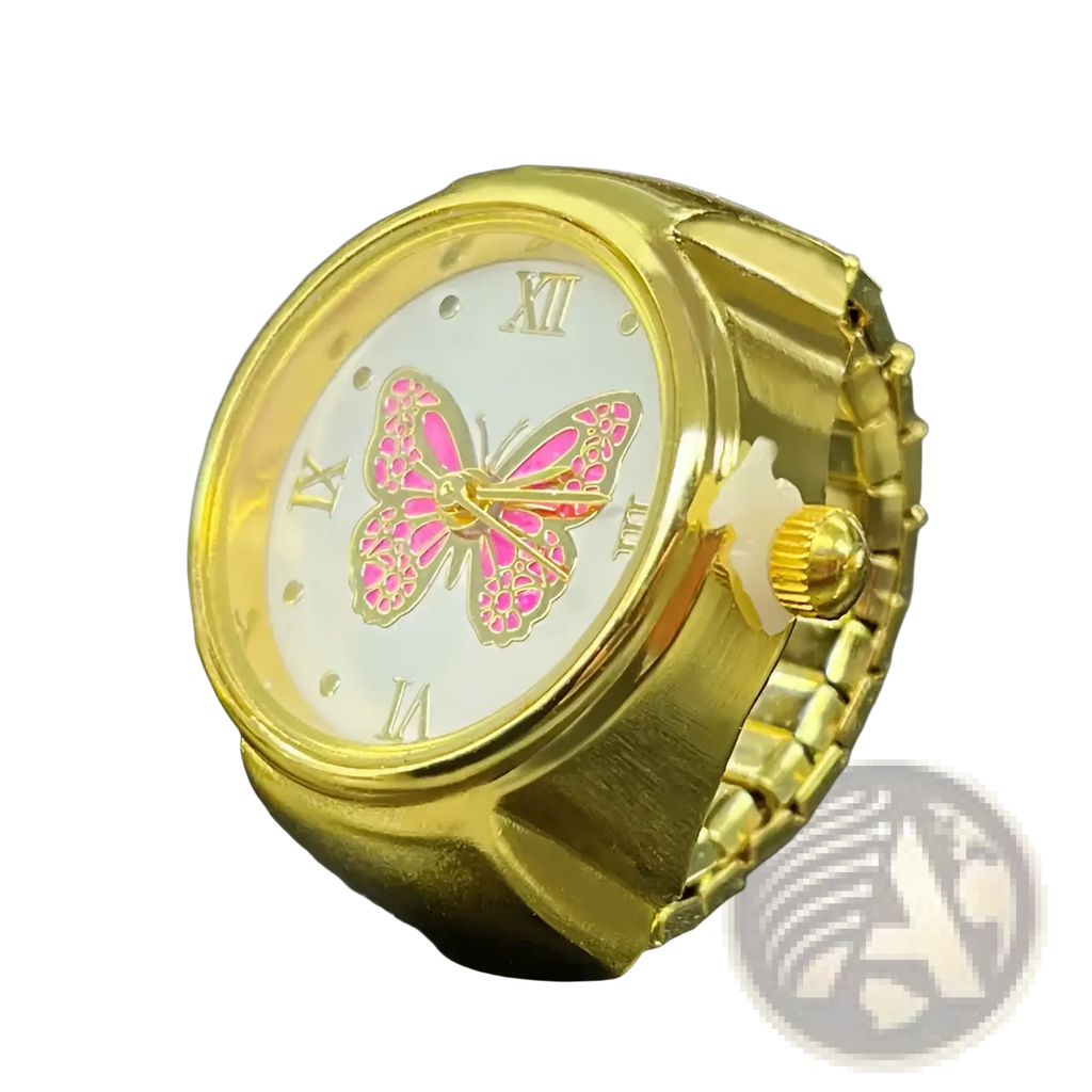 Gold-toned stainless steel butterfly watch ring with white face roman numerals and pink enamel detailing
