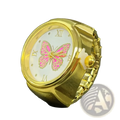 Gold-toned stainless steel butterfly watch ring with white face roman numerals and pink enamel detailing
