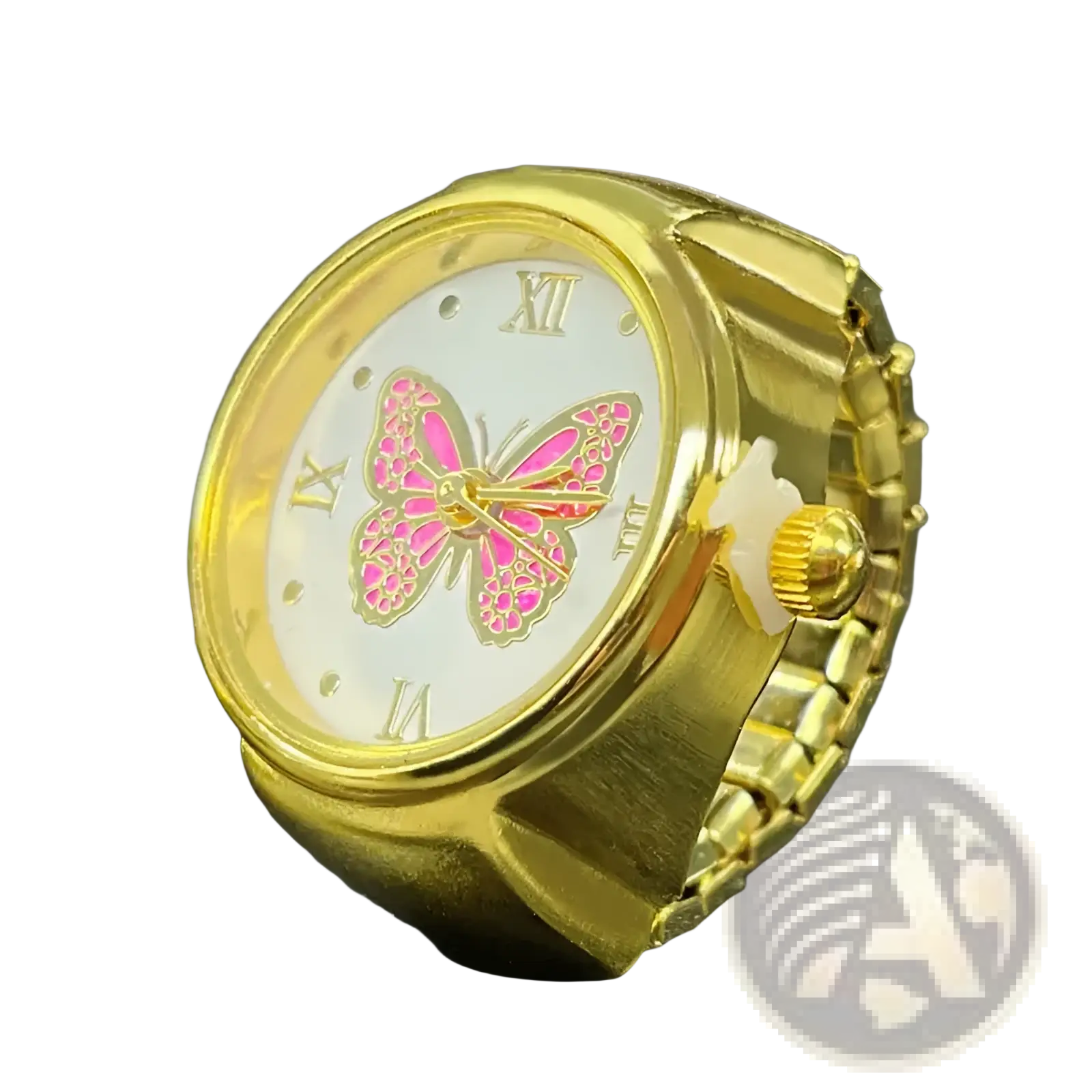 Gold-toned stainless steel butterfly watch ring with white face roman numerals and pink enamel detailing