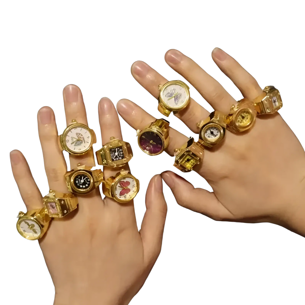 Gold butterfly watch rings made of stainless steel with various face designs and colors as cute jewelry accessories