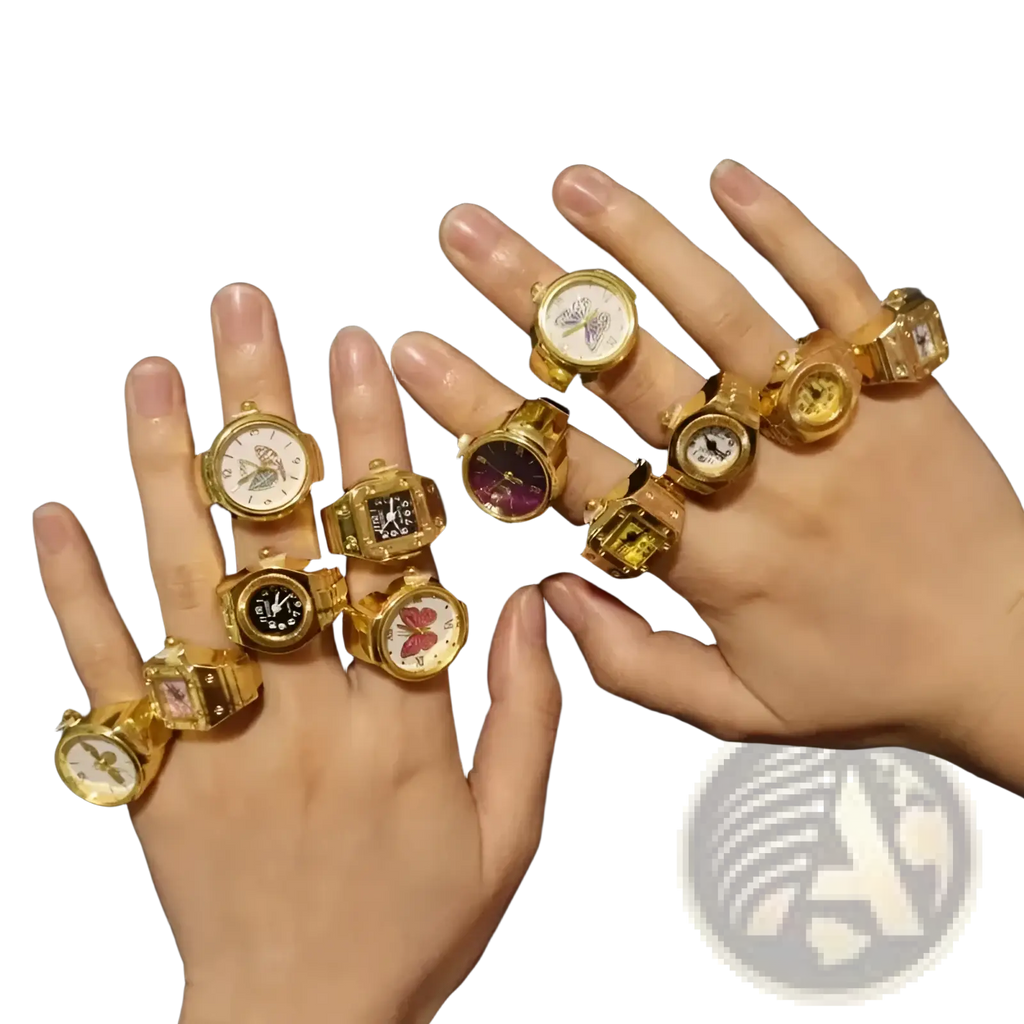 Gold butterfly watch rings made of stainless steel with various face designs and colors as cute jewelry accessories
