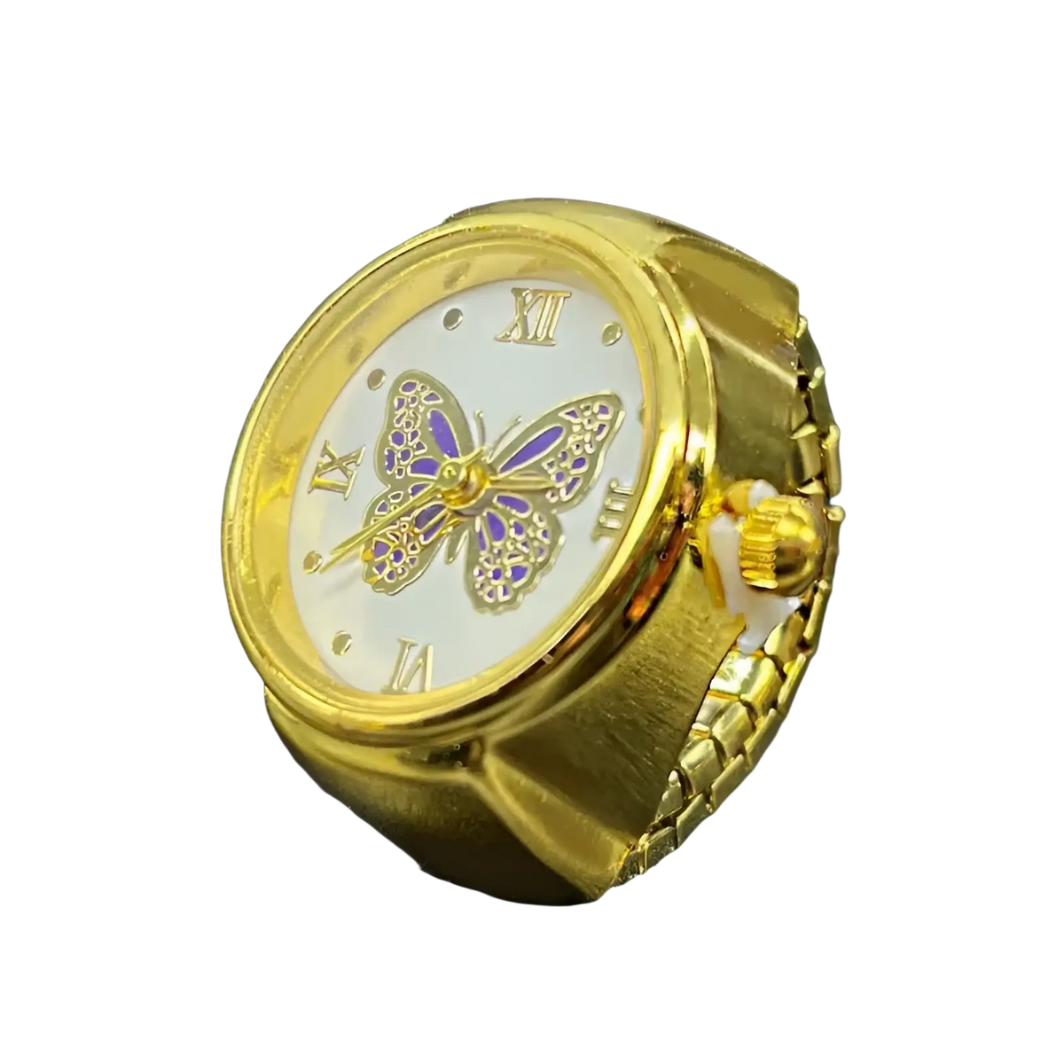 Gold-toned stainless steel ring watch with white dial, roman numerals, and ornate purple enamel butterfly design