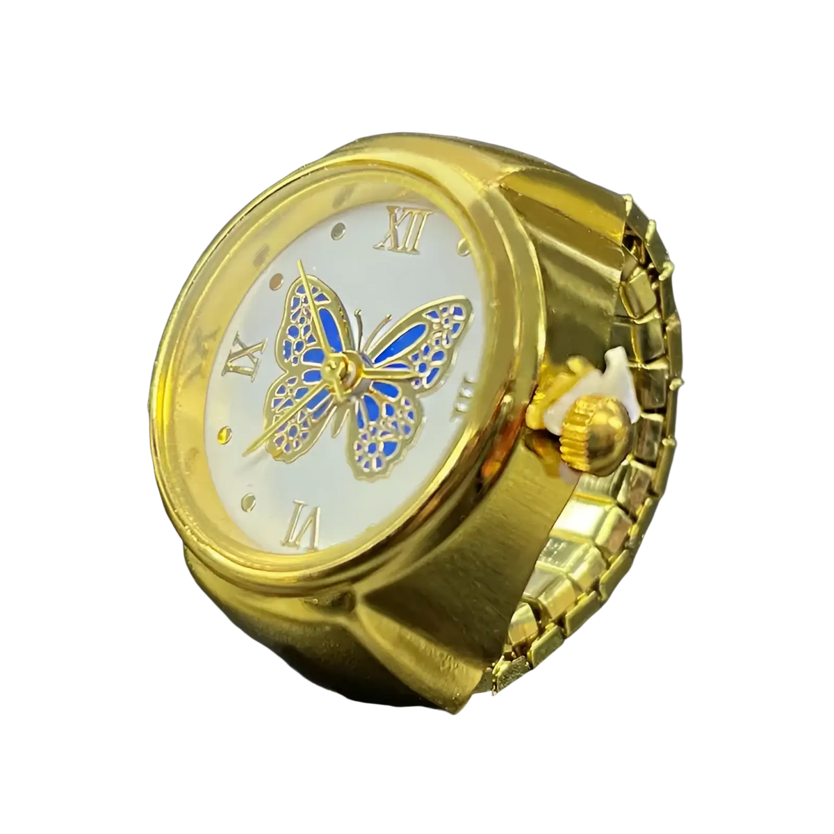 Gold butterfly watch ring in stainless steel with white dial blue and gold butterfly design and roman numerals