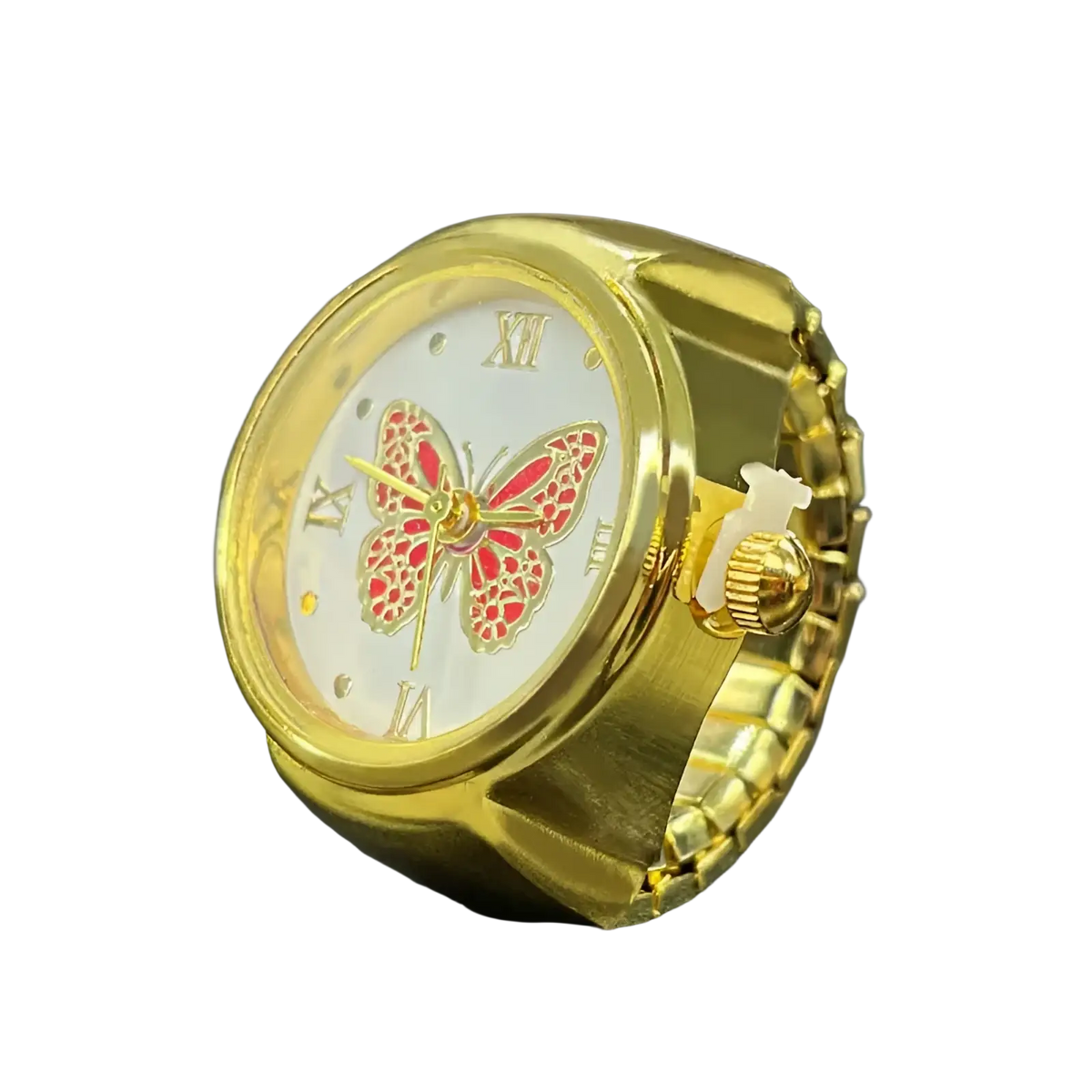 Gold-toned stainless steel butterfly watch ring with white face, roman numerals, and red enamel wing detailing