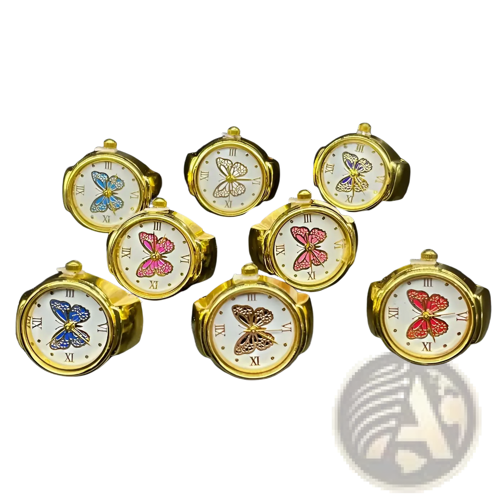 Gold-toned butterfly watch ring made of stainless steel with white face and roman numerals for cute jewelry use