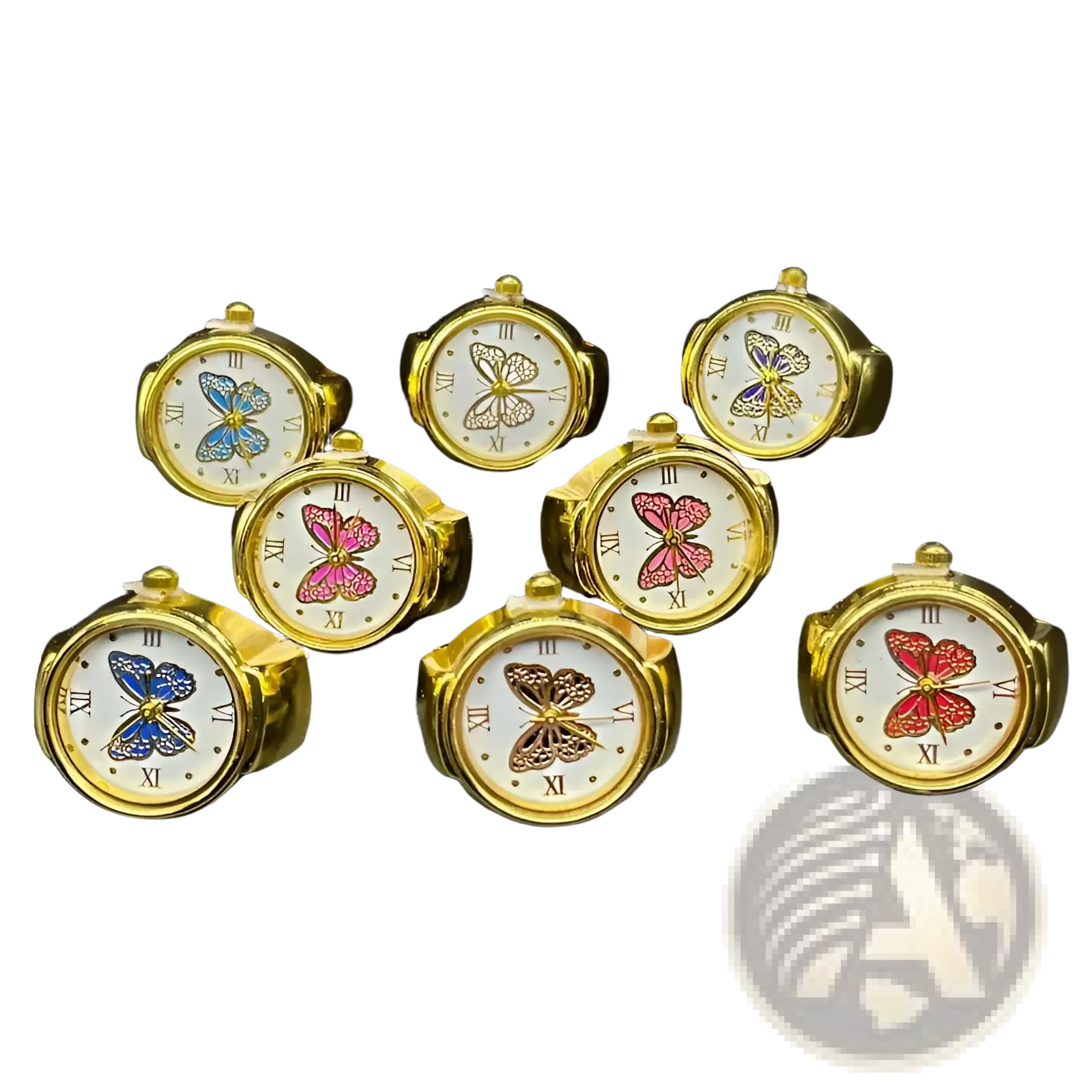 Gold-toned butterfly watch ring made of stainless steel with white face and roman numerals for cute jewelry use