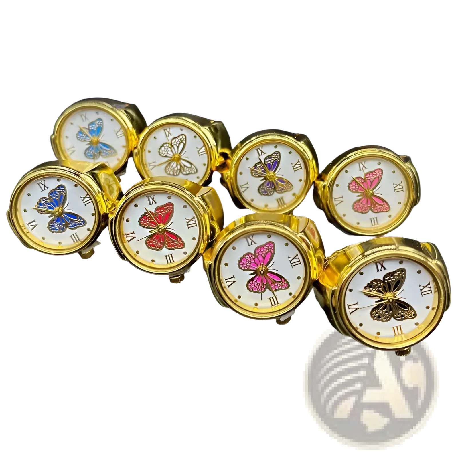 Gold-toned butterfly-themed stainless steel wristwatches with white faces and roman numerals for cute jewelry