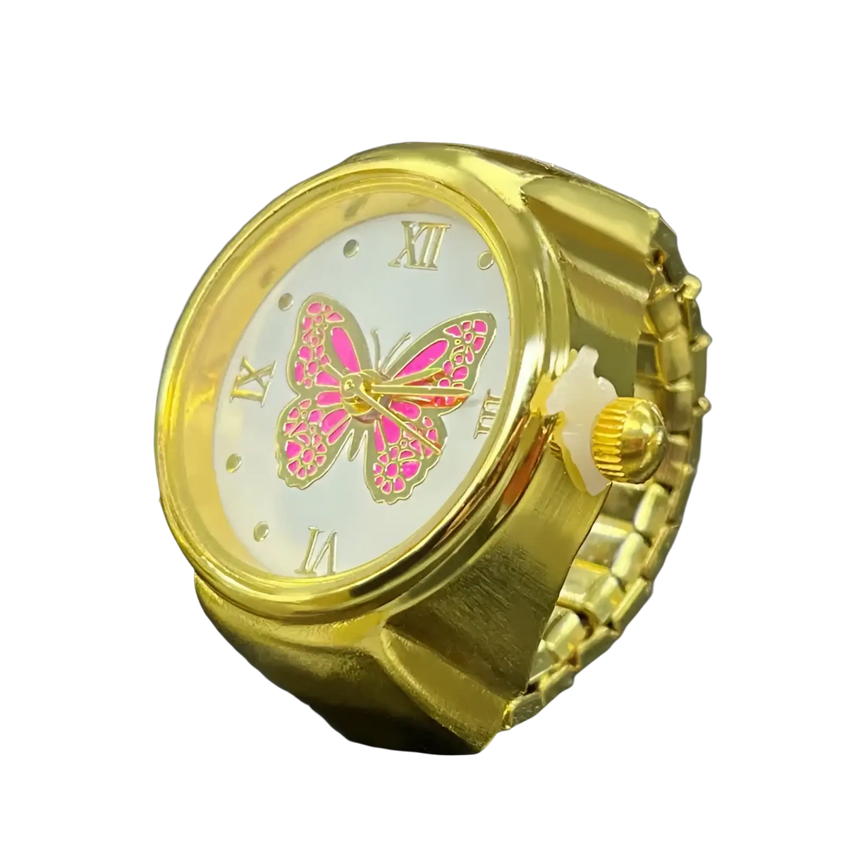 Gold-toned stainless steel butterfly watch ring with white dial pink enamel butterfly and roman numerals design