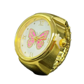 Gold-toned stainless steel butterfly watch ring with white face roman numerals and pink enamel detailing