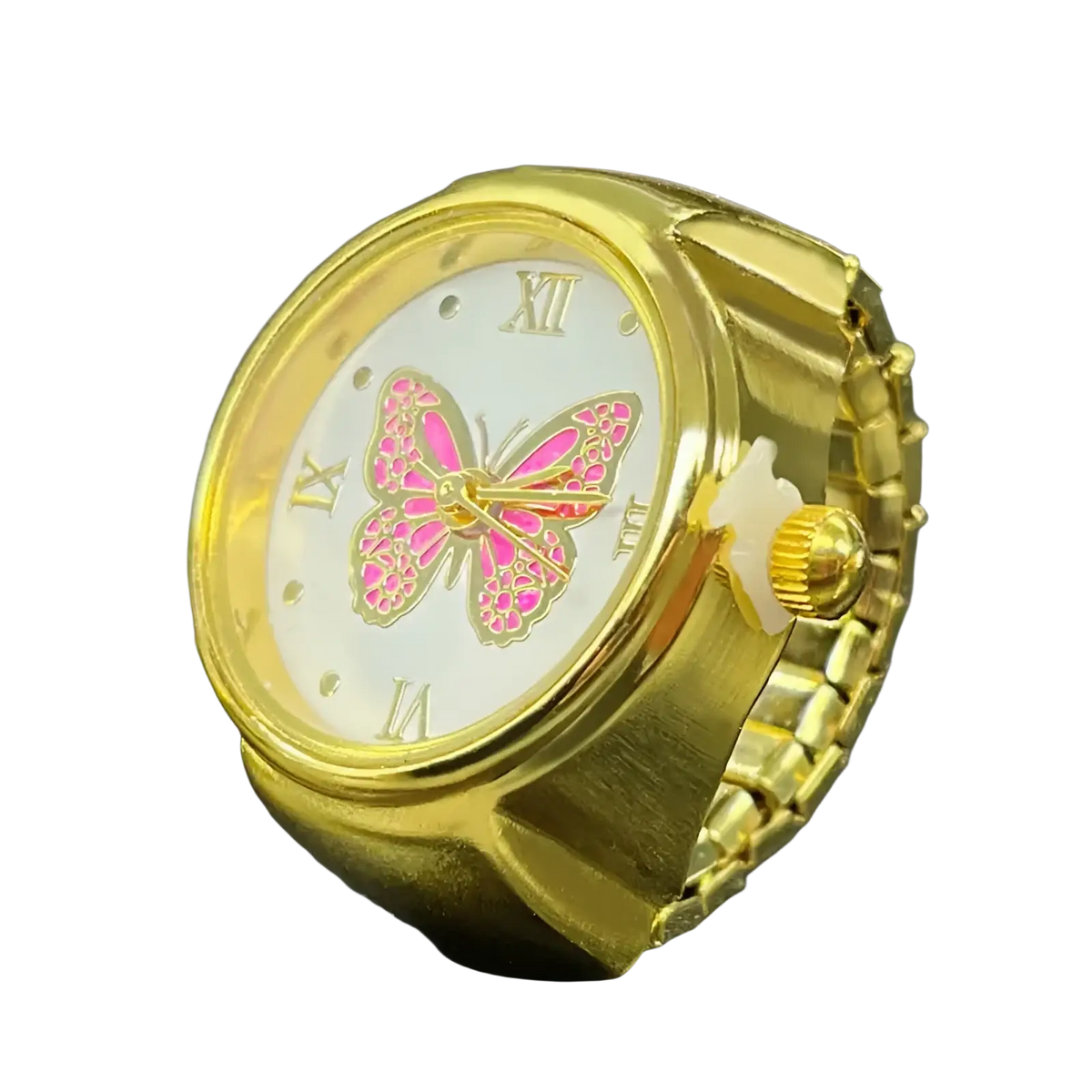 Gold-toned stainless steel butterfly watch ring with white face roman numerals and pink enamel detailing