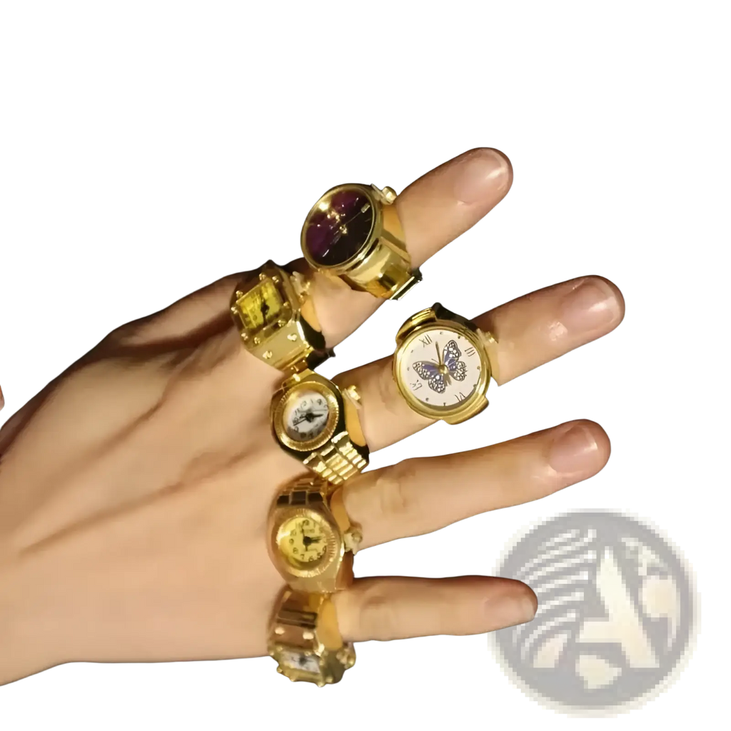 Gold-toned stainless steel ring watches featuring butterfly motifs and varied colored dials in cute jewelry style