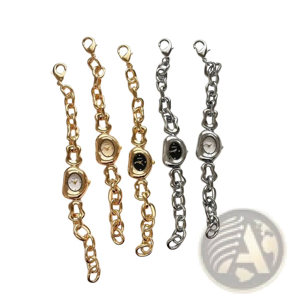 Five elegant gold and silver chain link vintage wristwatches with sleek oval faces and minimalist dials