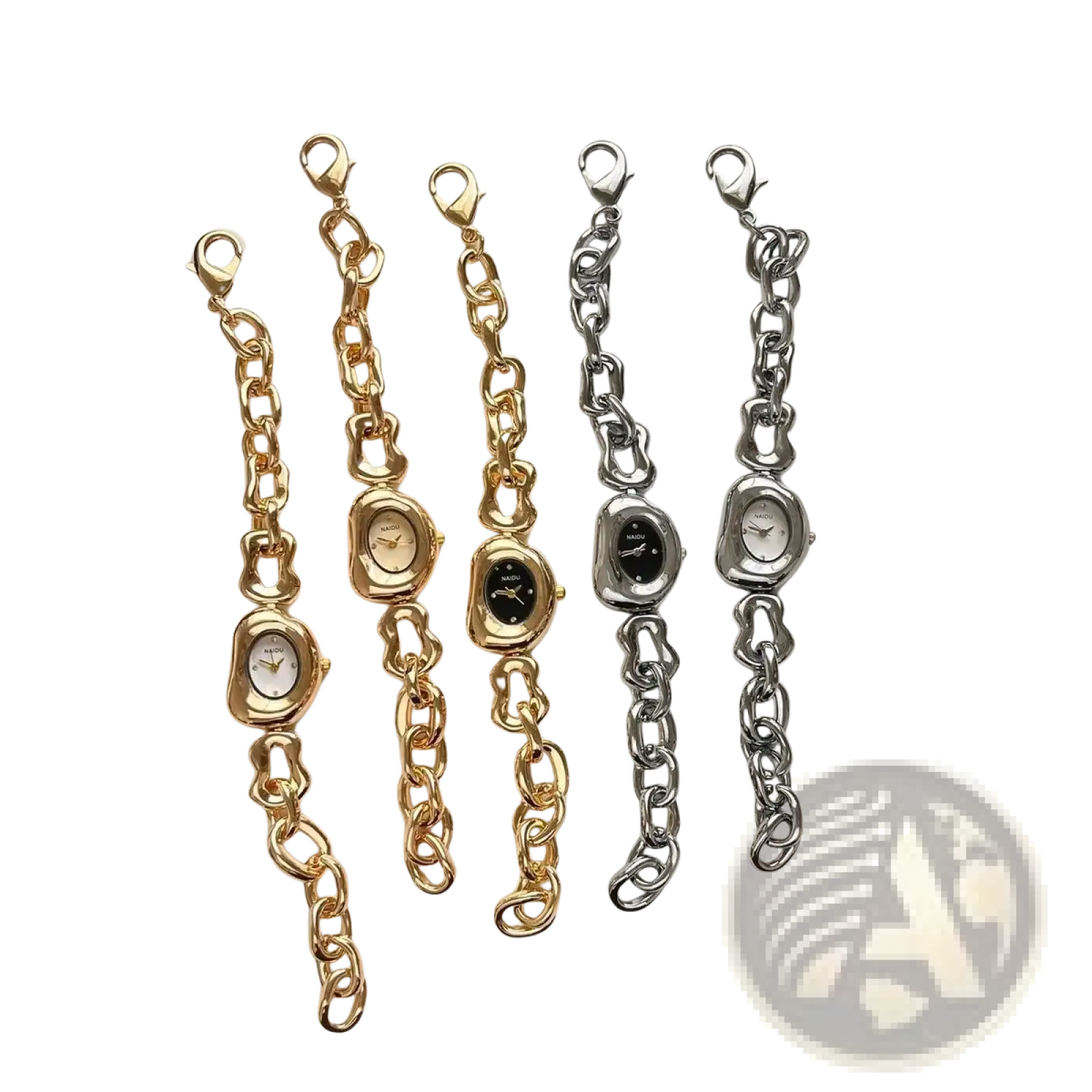 Five elegant gold and silver chain link vintage wristwatches with sleek oval faces and minimalist dials